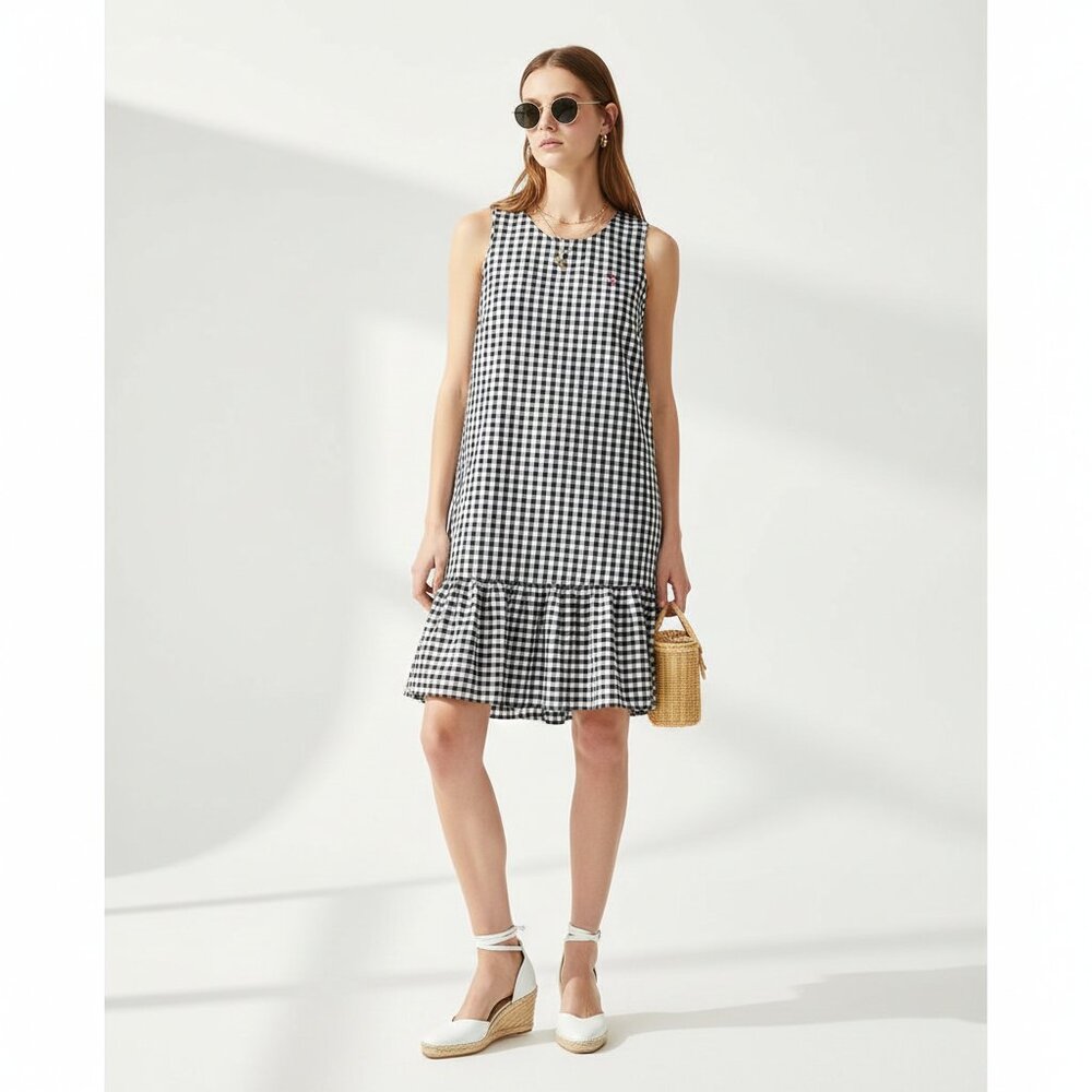 NWT Tommy Hilfiger Gingham Drop Waist Midi Dress 4 Black White